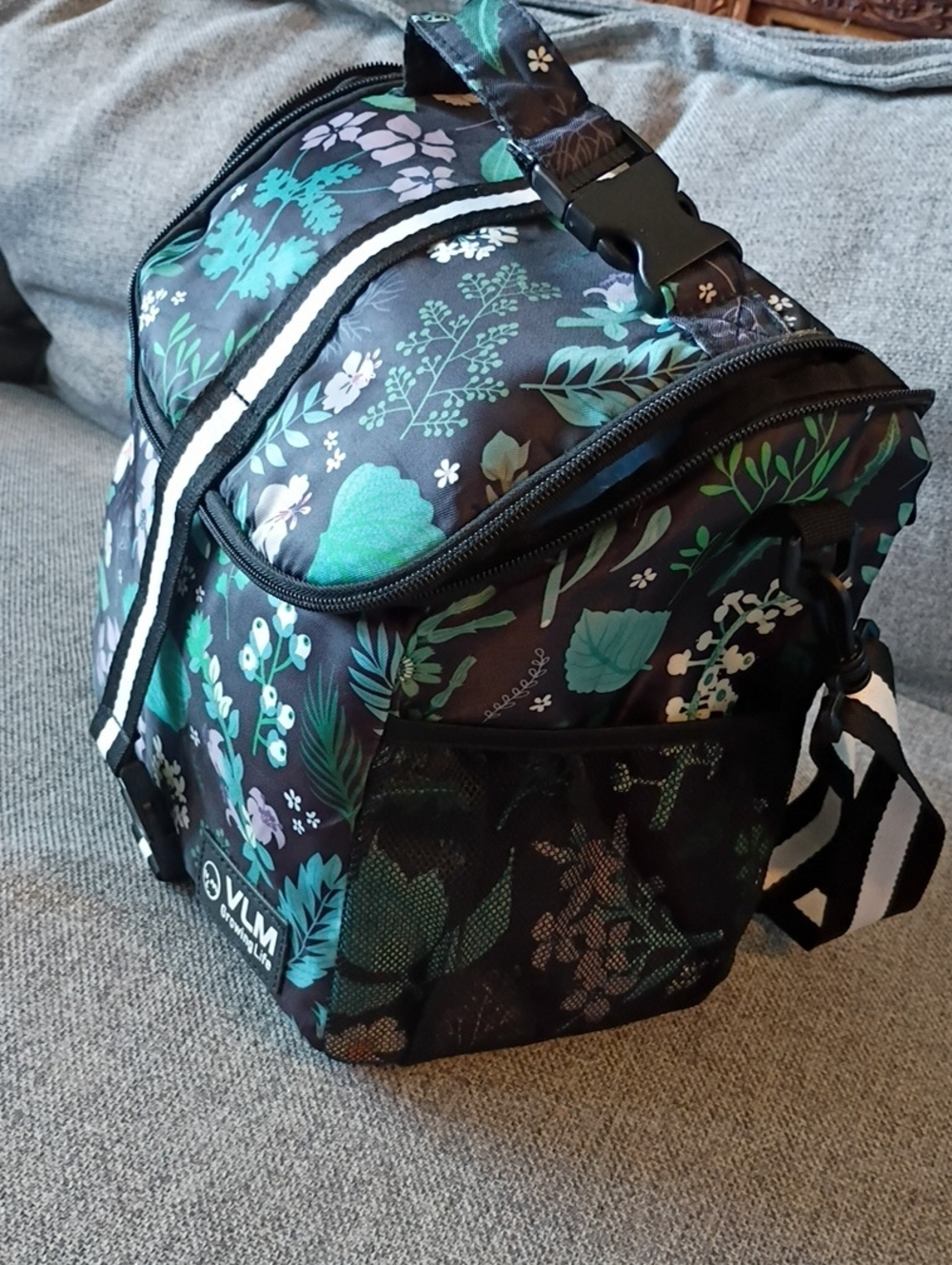VLM Floral Insulated Lunch Bag - Black with Green & Purple Floral Print